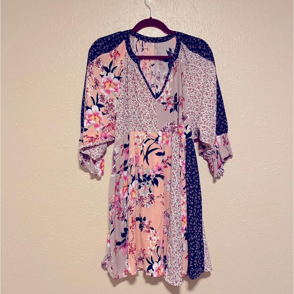 OS Cottage Core Puff Sleeve Patchwork Babydoll Swing Dress